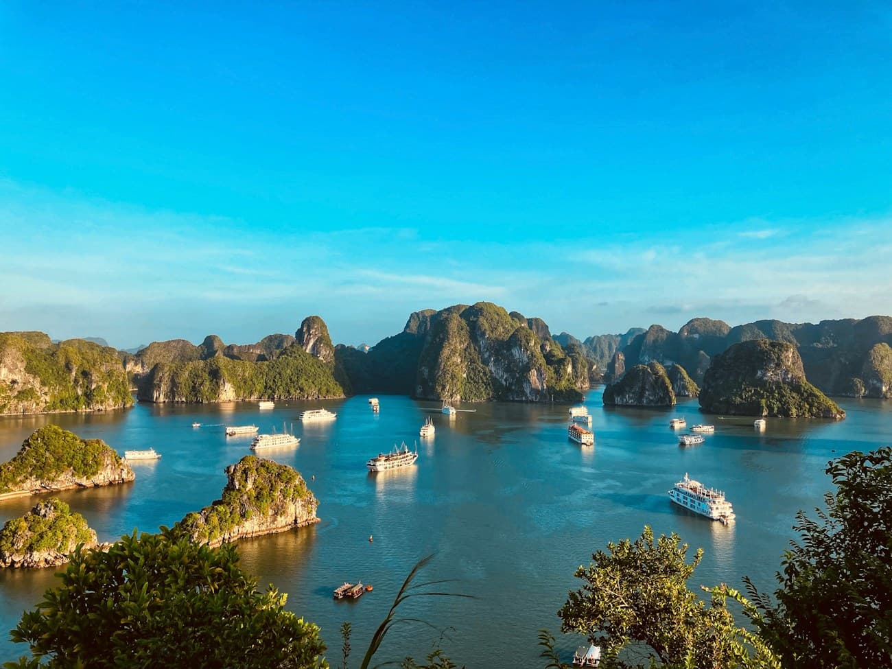 Boats among the limestone islands of Ha Long Bay